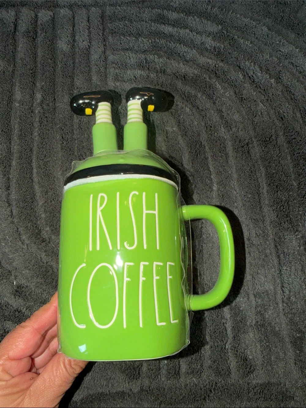 Rae Dunn Green 'Irish Coffee' Ceramic Mug with Novelty Boot Lid